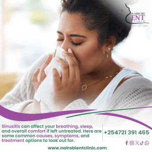 Sinus awareness poster by Nairobi ENT Clinic showing symptoms, causes and treatment options.