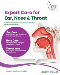 Expert ear, nose and throat care services at Nairobi ENT Clinic including hearing tests, ear infections, sinus treatment, allergies, sore throat and tonsil care.